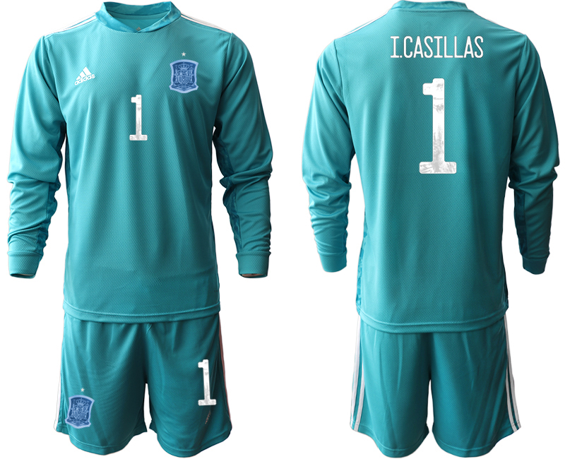 Men 2021 European Cup Spain blue Long sleeve goalkeeper #1 Soccer Jersey